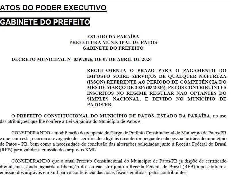 Secretaria de Receita de Patos prorroga prazo para pagamento do ISS referente a março