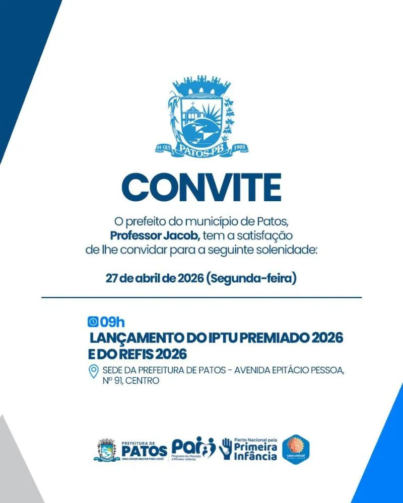 Prefeitura de Patos lança a campanha do IPTU Premiado 2026 na próxima segunda-feira, dia 27 de abril