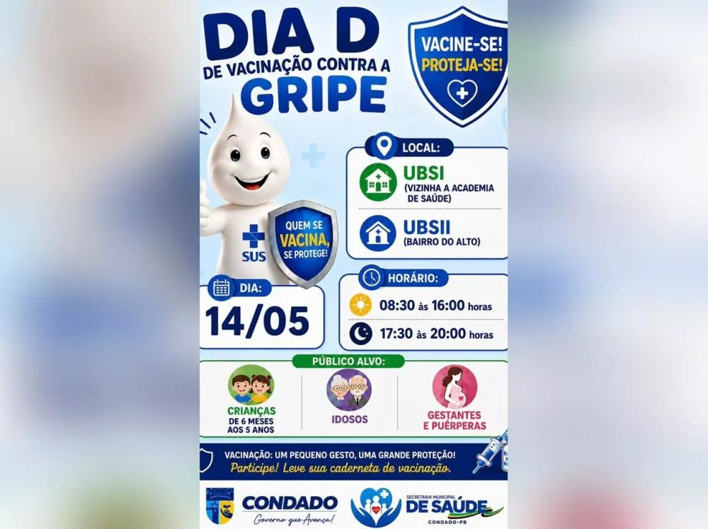 Prefeitura de Condado realiza Dia D de vacinação contra a gripe nesta quinta-feira (14)