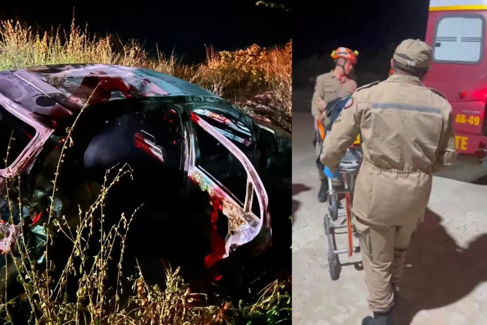 Motorista fica ferido e é socorrido pelo Corpo de Bombeiros após carro capotar e pegar fogo em Patos