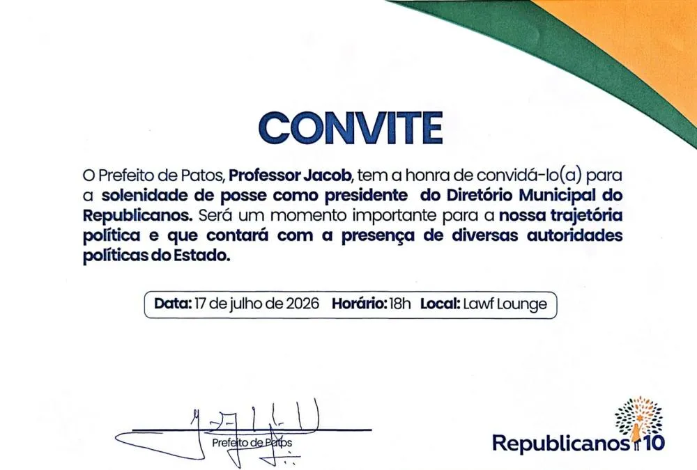 Professor Jacob toma passe como presidente municipal do Republicanos na sexta (17), em Patos