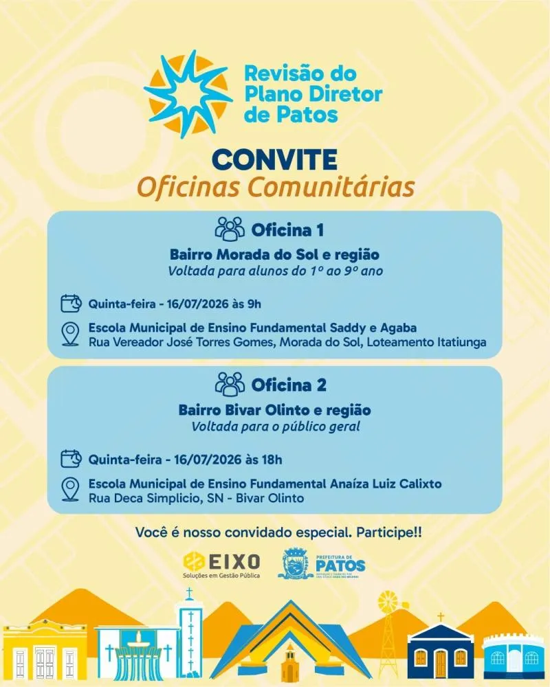Prefeitura de Patos realiza oficinas do Plano Diretor nos bairros Morada do Sol e Bivar Olinto, na próxima quinta (16)