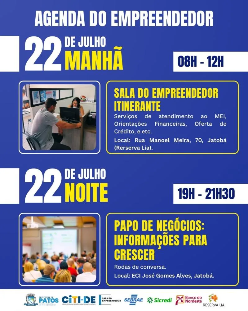 Prefeitura de Patos lança Sala do Empreendedor Itinerante e leva serviços ao bairro Jatobá nesta quarta-feira (22)