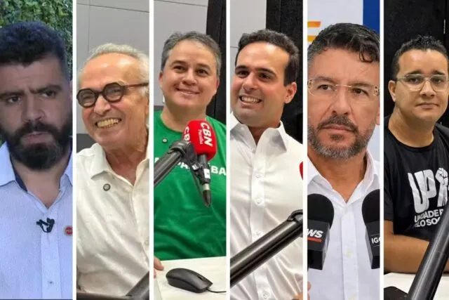 Candidatos ao governo da Paraíba: Camilo Duarte (PCO), Cícero Lucena (MDB), Efraim Filho (PL), Lucas Ribeiro (PP), Pedro Coutinho (DC) e Yuri Ezequiel (UP) — Foto: Reprodução