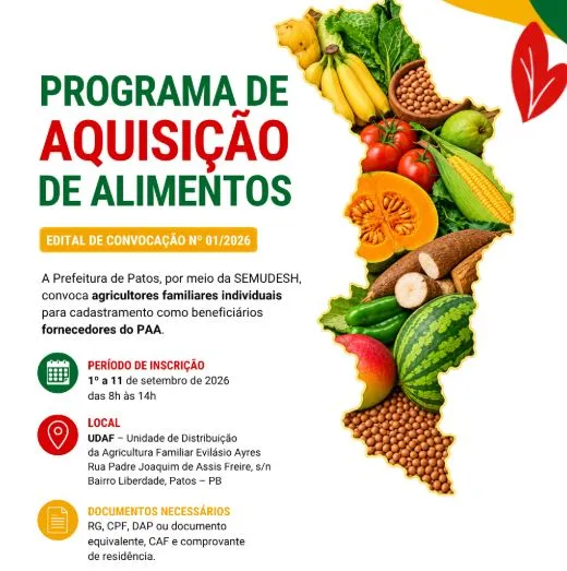 Prefeitura de Patos divulga edital do PAA para agricultores familiares