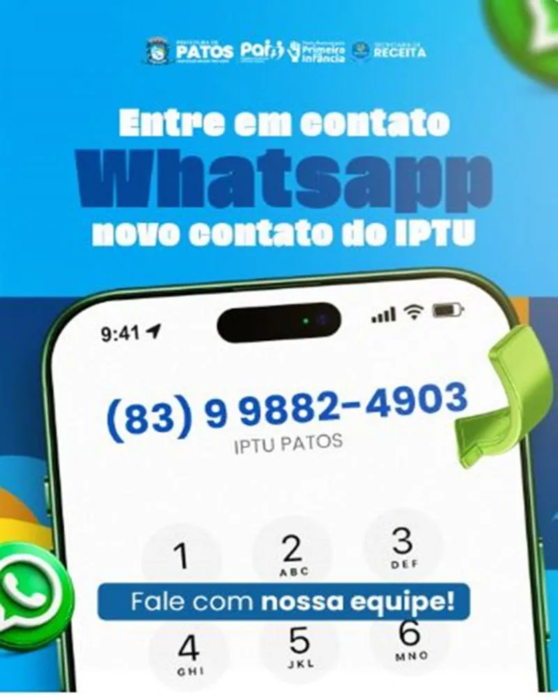 Secretaria de Receita de Patos anuncia novo número de WhatsApp para atendimento do IPTU
