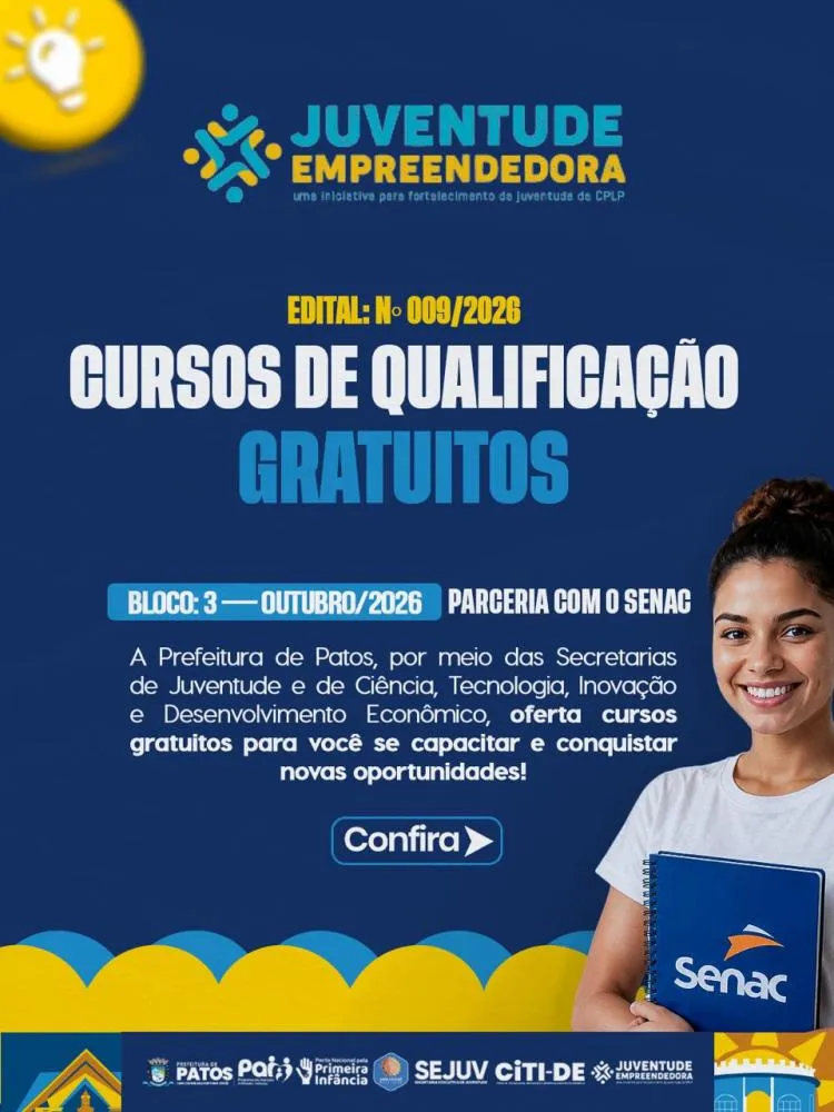 Prefeitura de Patos abre inscrições para mais de 60 vagas em cursos gratuitos do SENAC