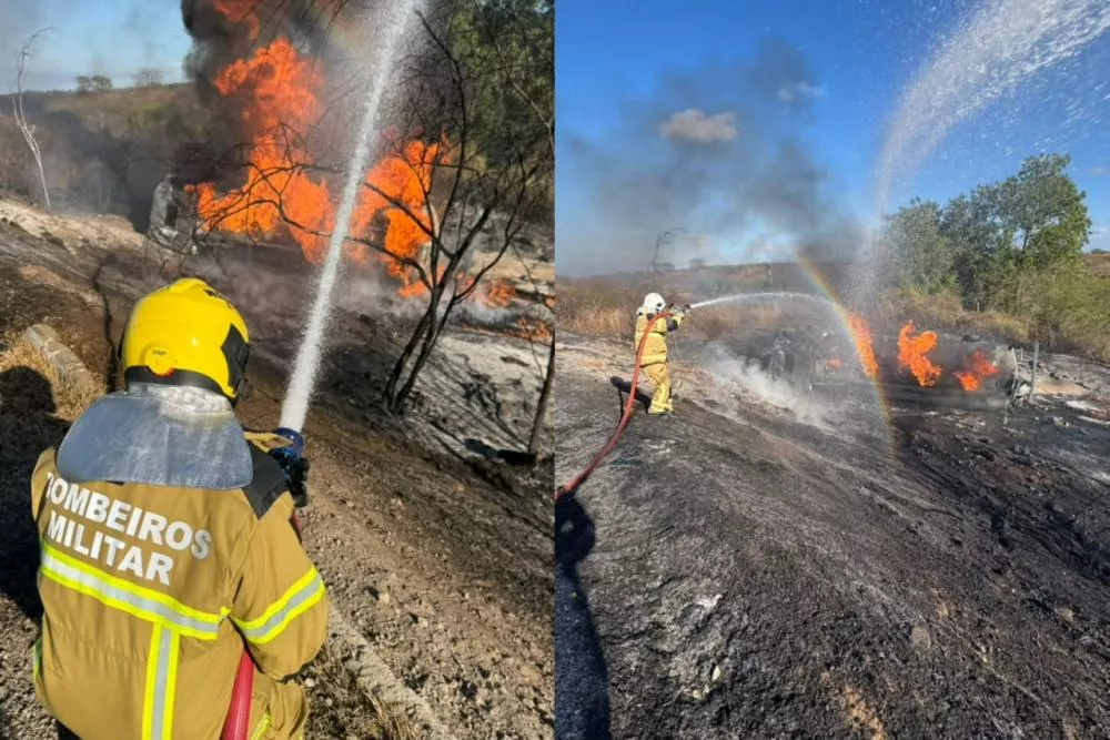 Caminhão-tanque carregado de combustíveis pega fogo após tombamento na BR-230, entre São Bentinho e Condado