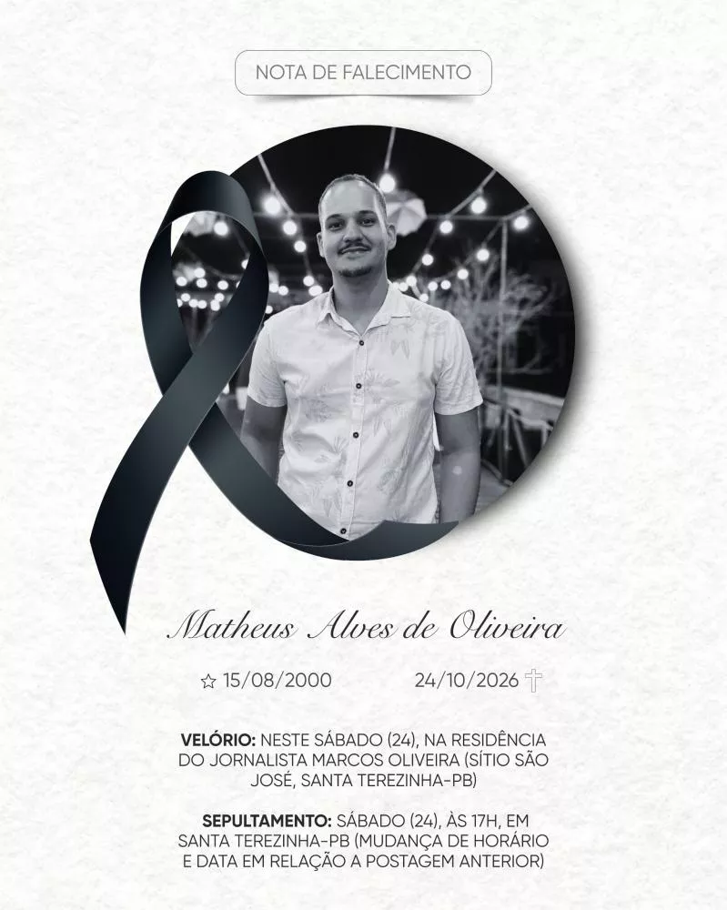Informações de velório e sepultamento de Matheus Alves de Oliveira, filho do jornalista Marcos Oliveira