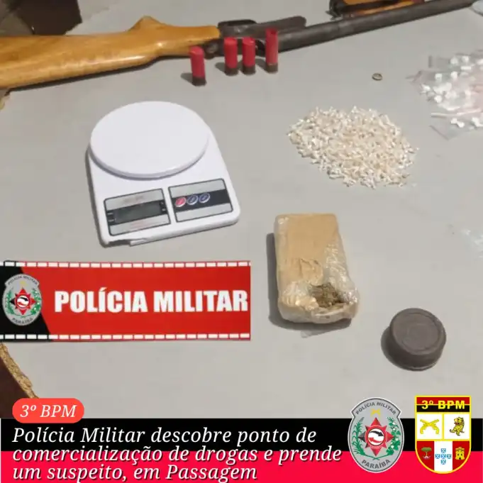 Polícia Militar descobre ponto de venda de drogas e prende um suspeito, em Passagem
