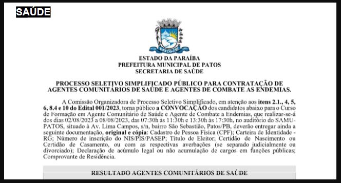 Segunda Chamada - Edital convoca aprovados no processo seletivo para ACS e ACE em Patos. Confira