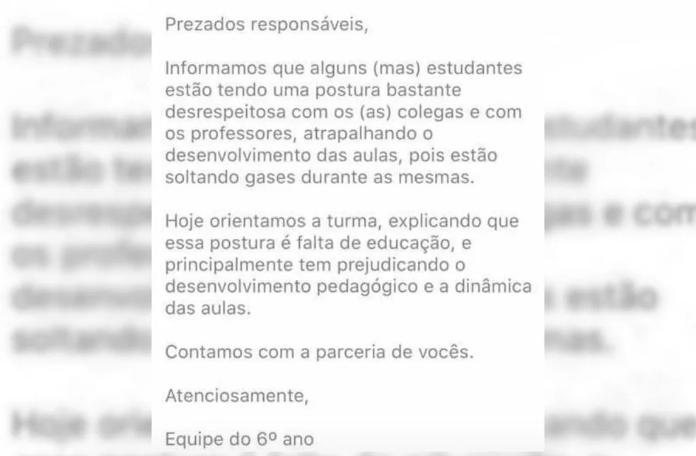 Escola de SP orienta alunos a não soltar pum, durante as aulas