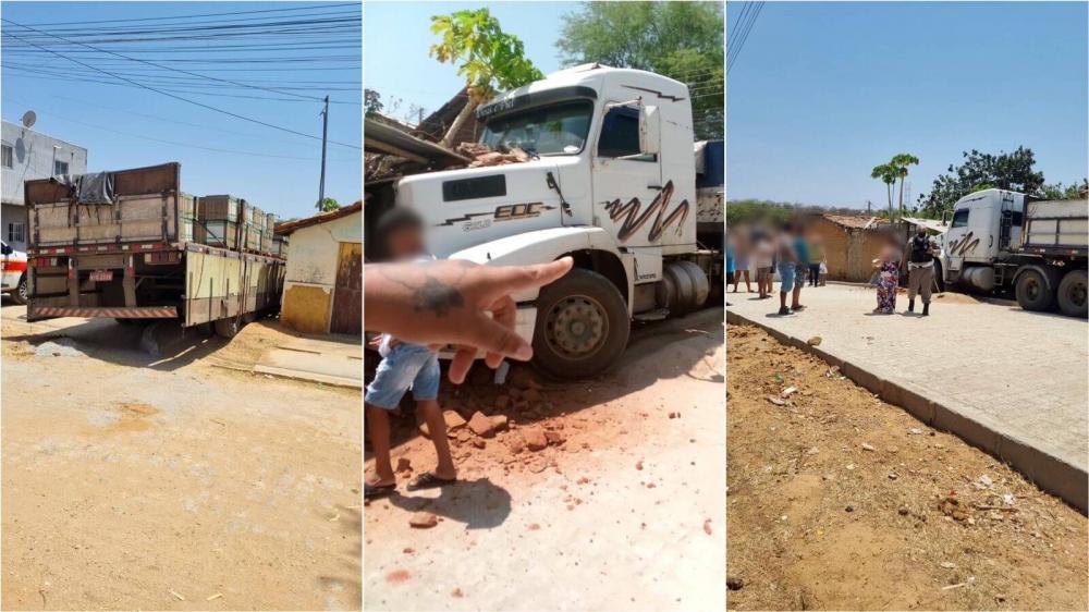 Carreta desgovernada bate em residência no bairro Sete Casas, em Patos, na manhã desta sexta-feira (22)