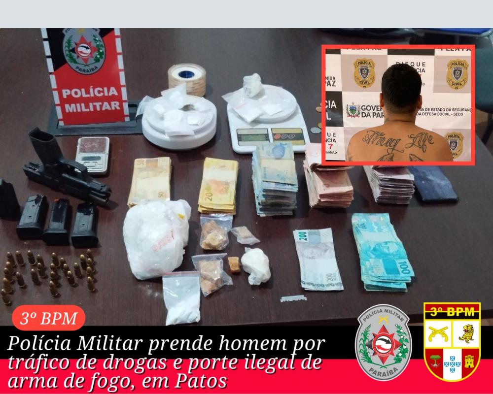 Polícia Militar prende homem por tráfico de drogas e porte ilegal de arma de fogo, em Patos