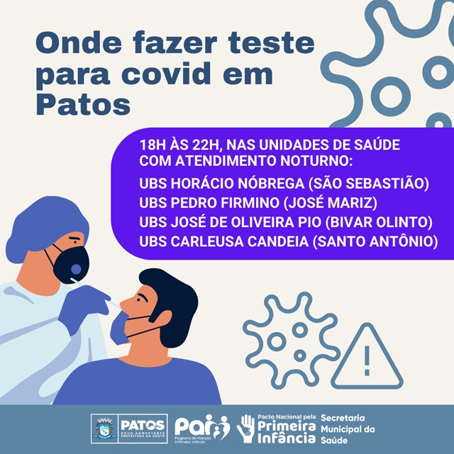 Testagem COVID em Patos: Quatro unidades de atendimento noturno à disposição