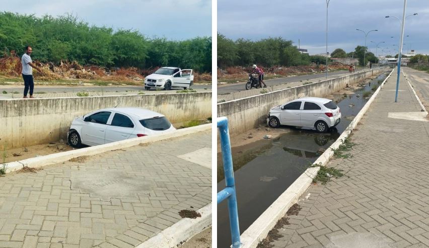 Mulher perde o controle do veículo e acaba caindo dentro do Canal Novo Horizonte em Patos .