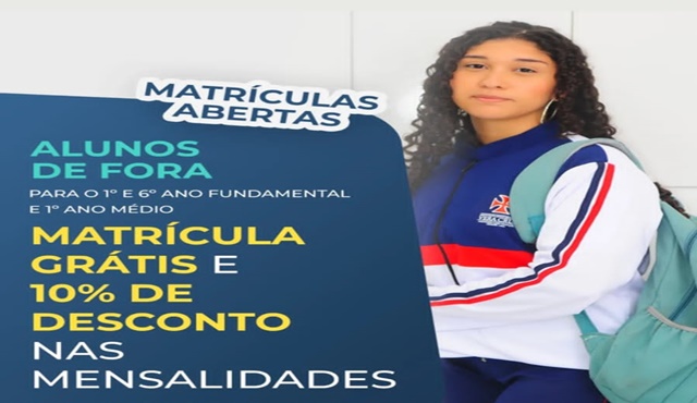 Vera Cruz Patos comunica que continua promoção com matrícula grátis e 10% de desconto nas mensalidades para alunos novatos - saiba mais