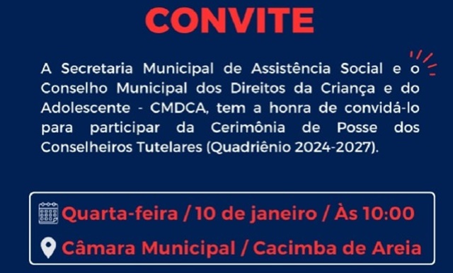 Cerimônia de Posse dos Conselheiros Tutelares de Cacimba de Areia acontece nesta quarta-feira 